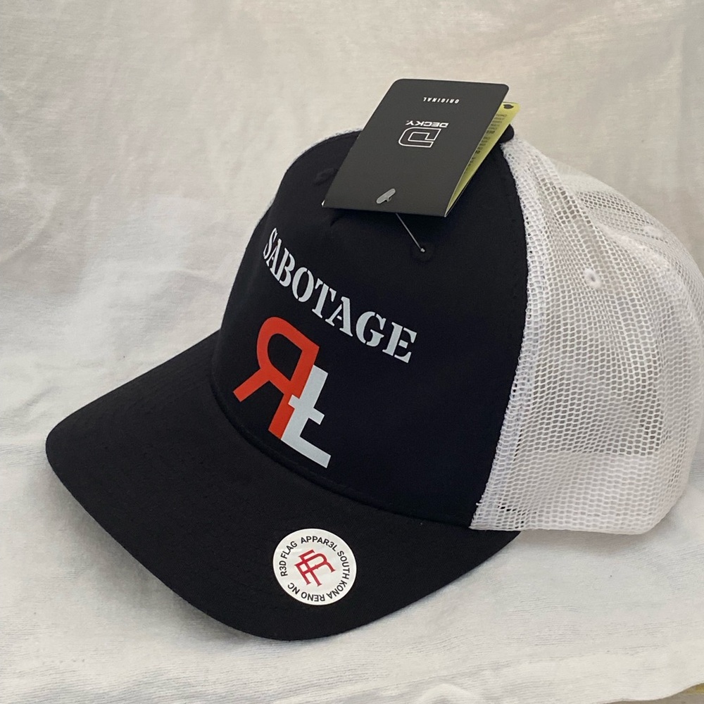 Black and White Sabotage Trucker Hat new decky 6030 OS